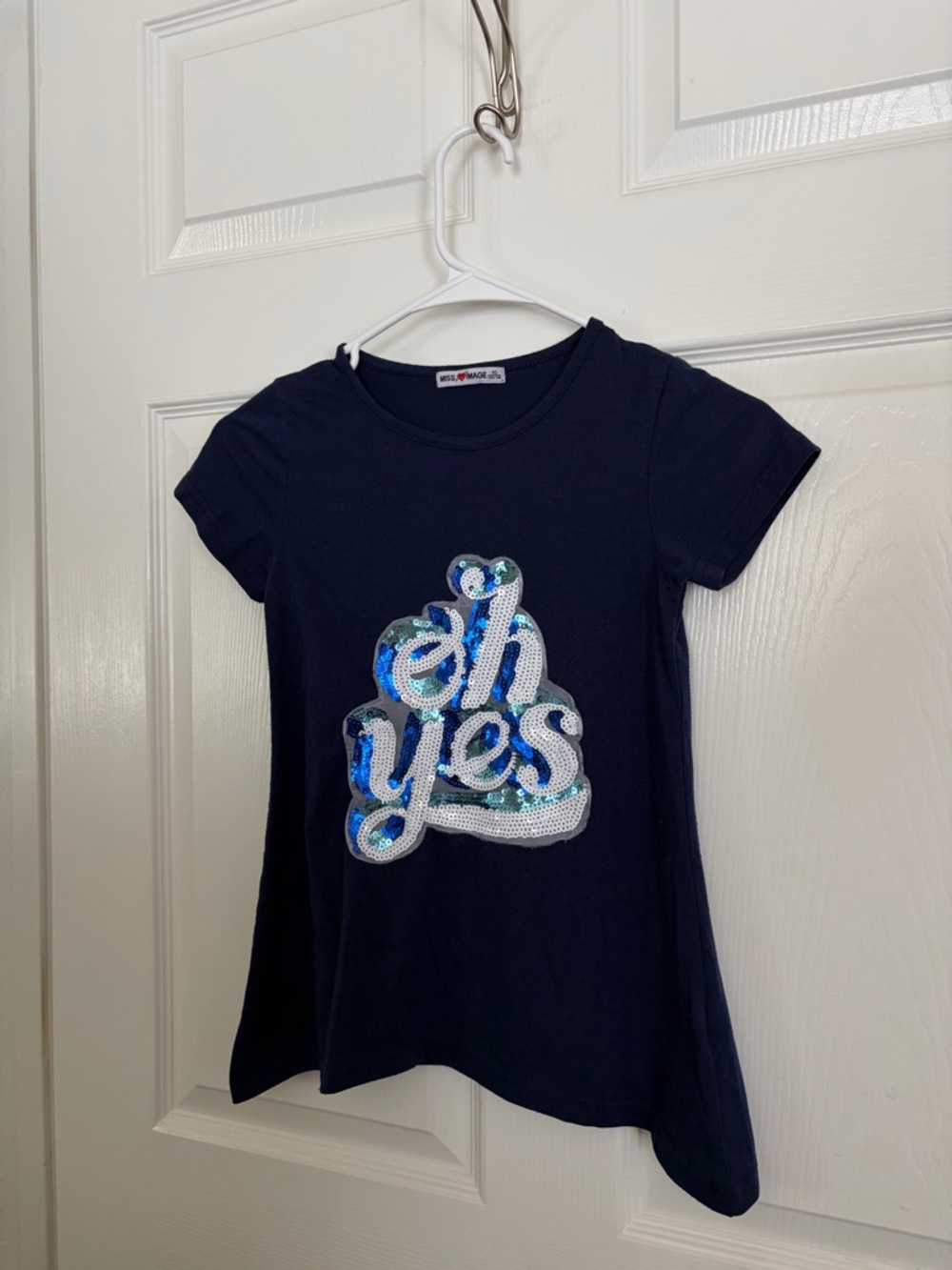 Girls' Navy Short Sleeve Sequin 'oh yes' Tee - White/Blue Detail